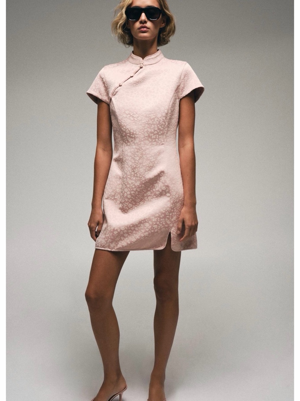 Zara Pale Blush Mini Dress with Mandarin Collar